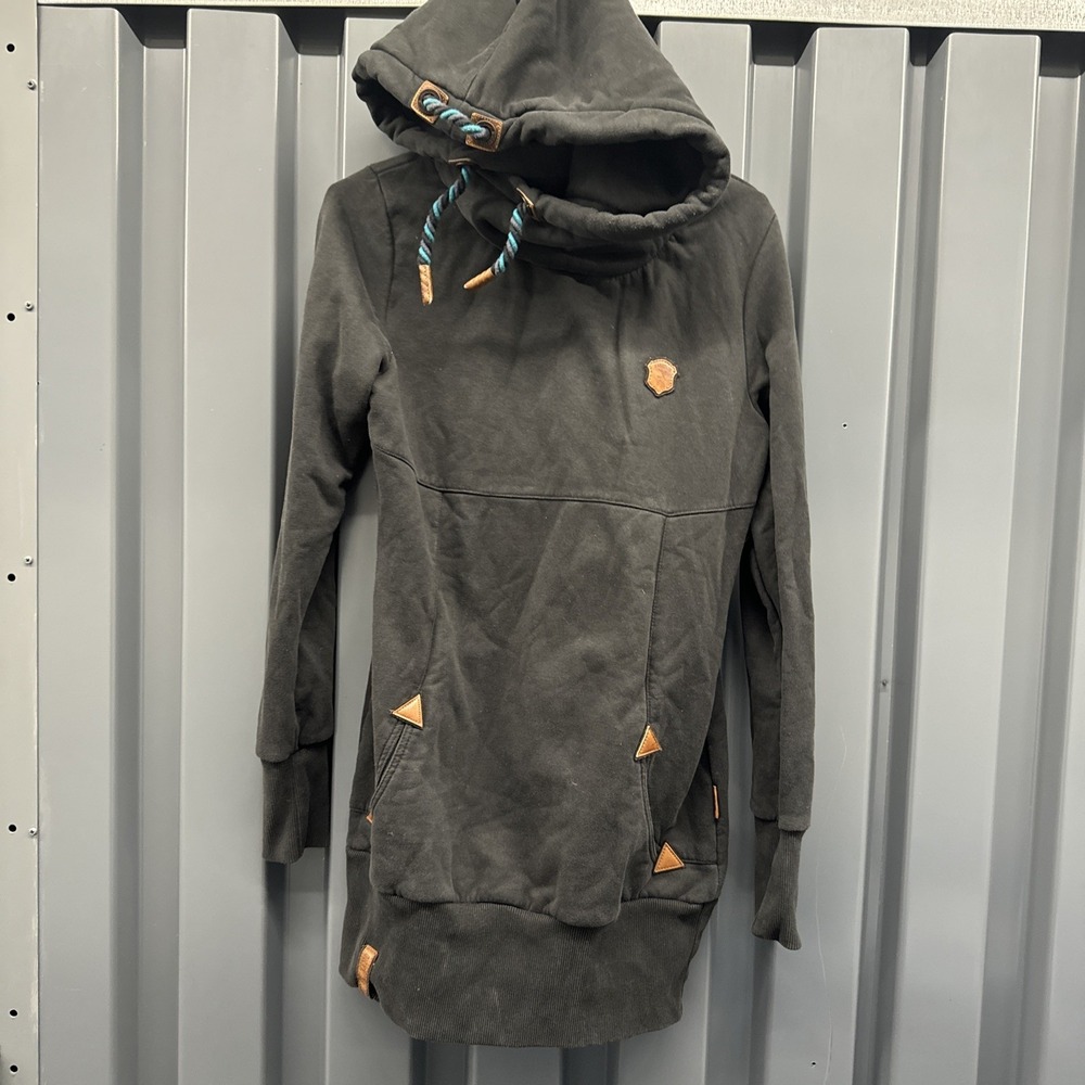Naketano Funnel Neck Half Zip Hoodie Dress XL Gray Longline Sweatshirt Tunic